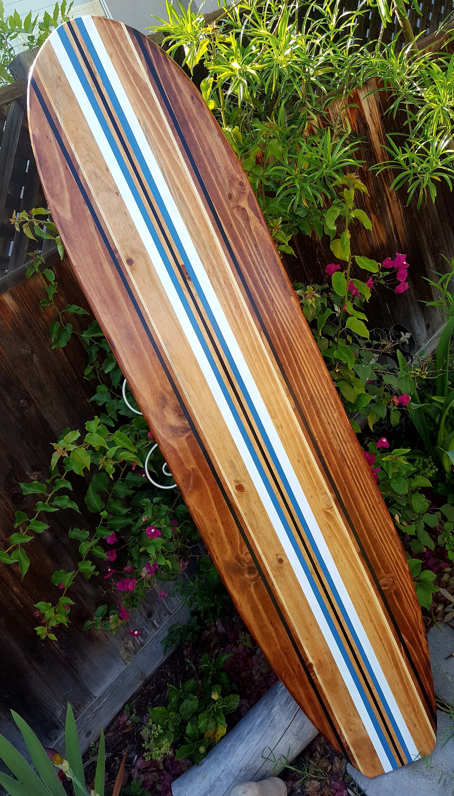 Classic Blue Striped Surfboard Wall Art | Tropical Surf Board Beach Decor