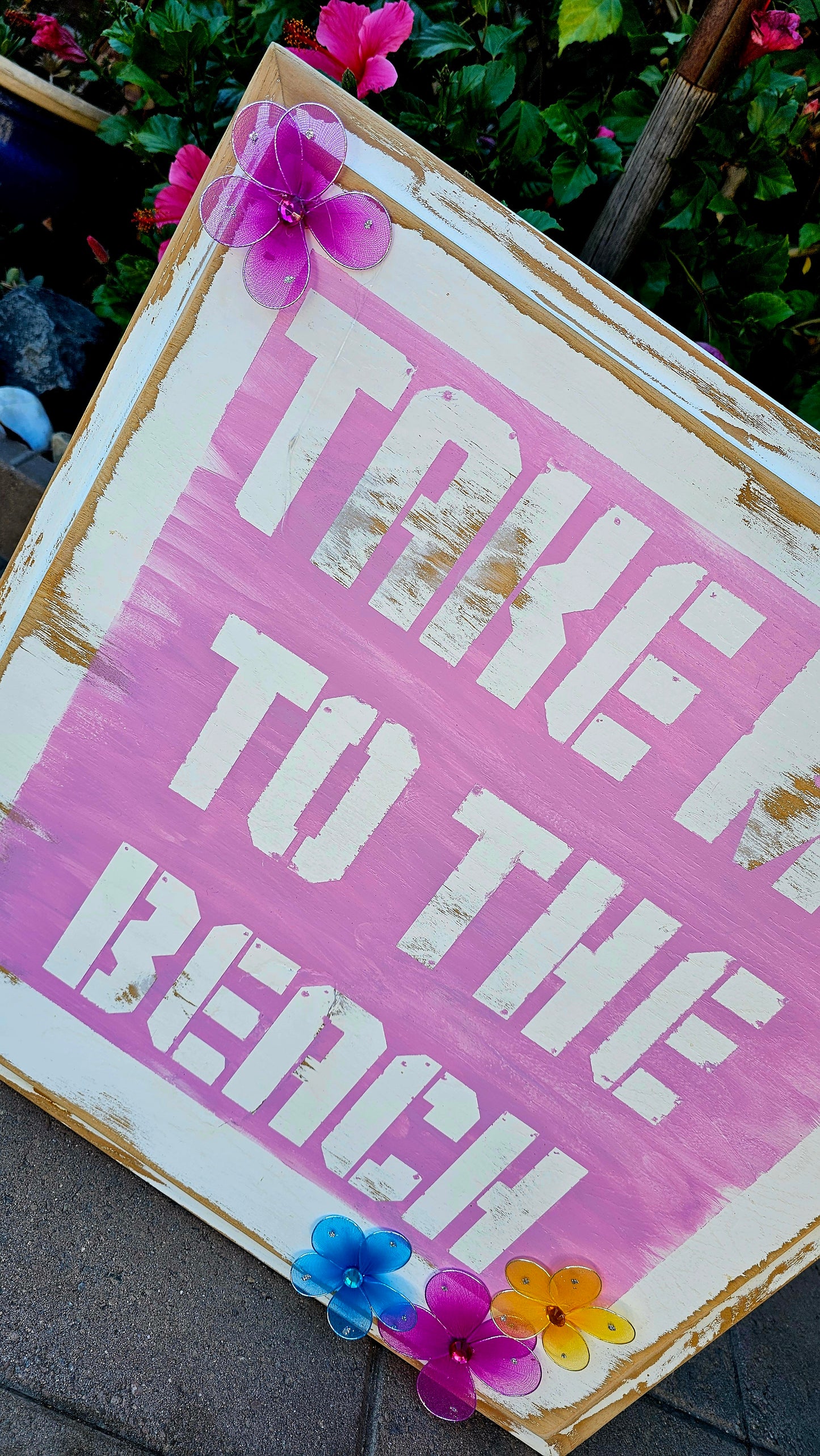 Take me to the Beach | Pink Wall Art Flowers Distressed Decor Sign