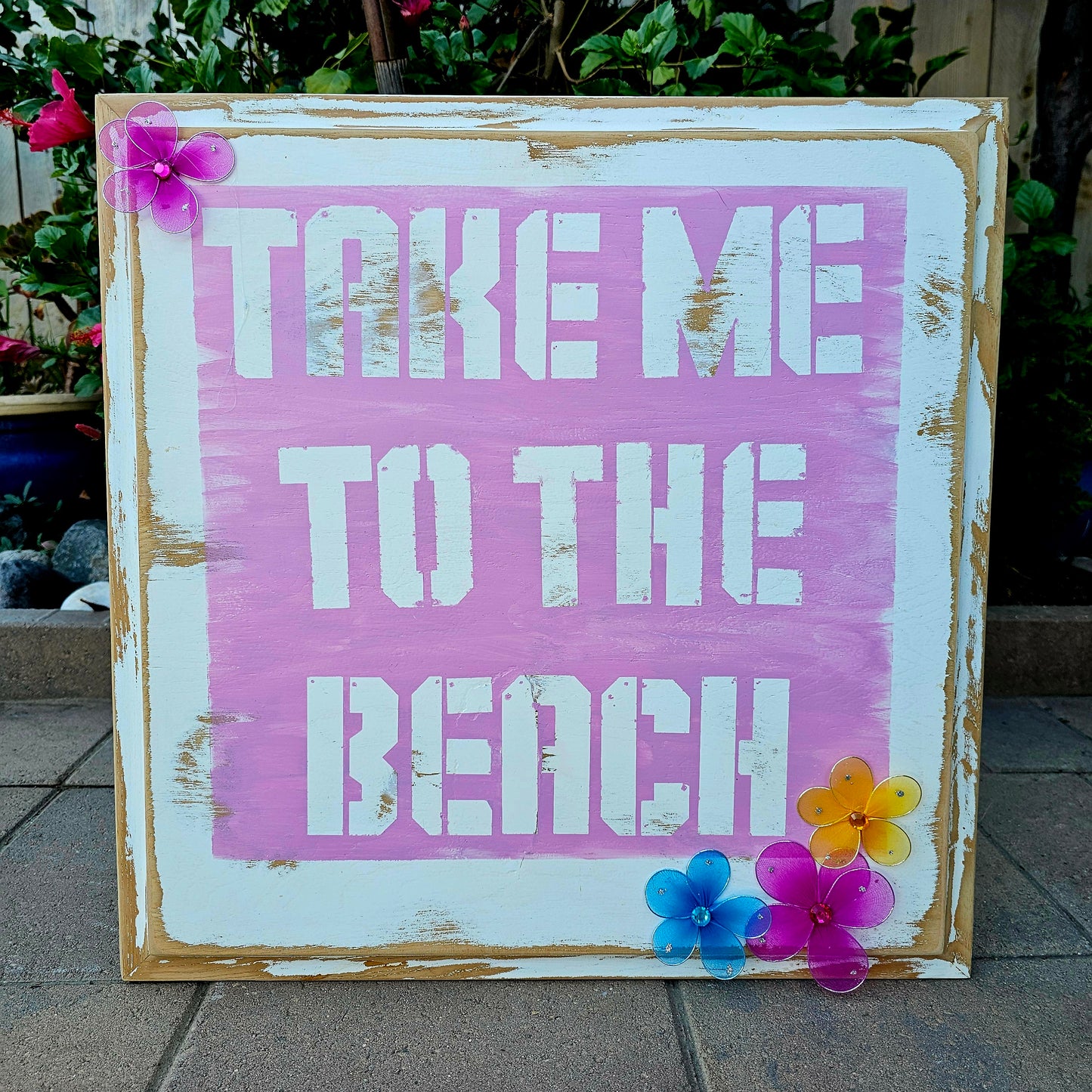 Take me to the Beach | Pink Wall Art Flowers Distressed Decor Sign