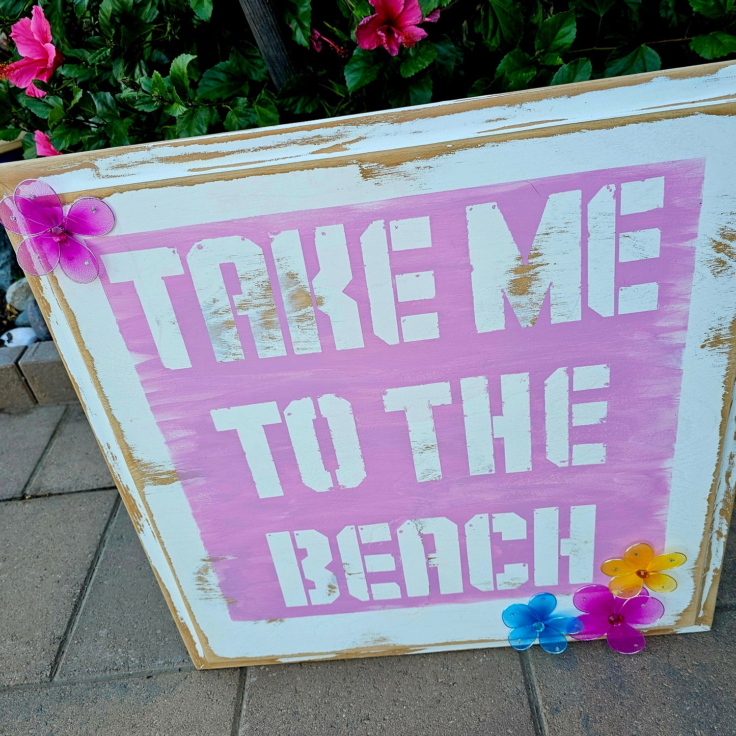 Take me to the Beach | Pink Wall Art Flowers Distressed Decor Sign