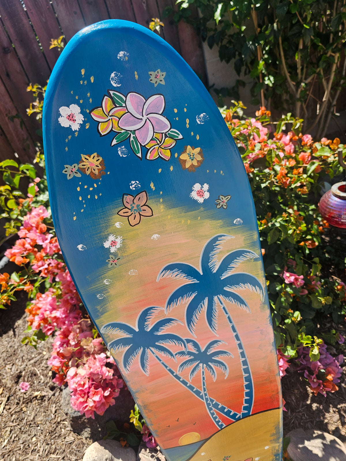 Teal Palm tree Surfboard Wall art | Tropical Beach Sunset