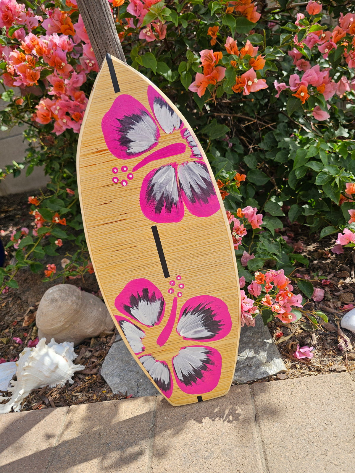 Pink Hibiscus Surfboard wall art | Tropical beach decor