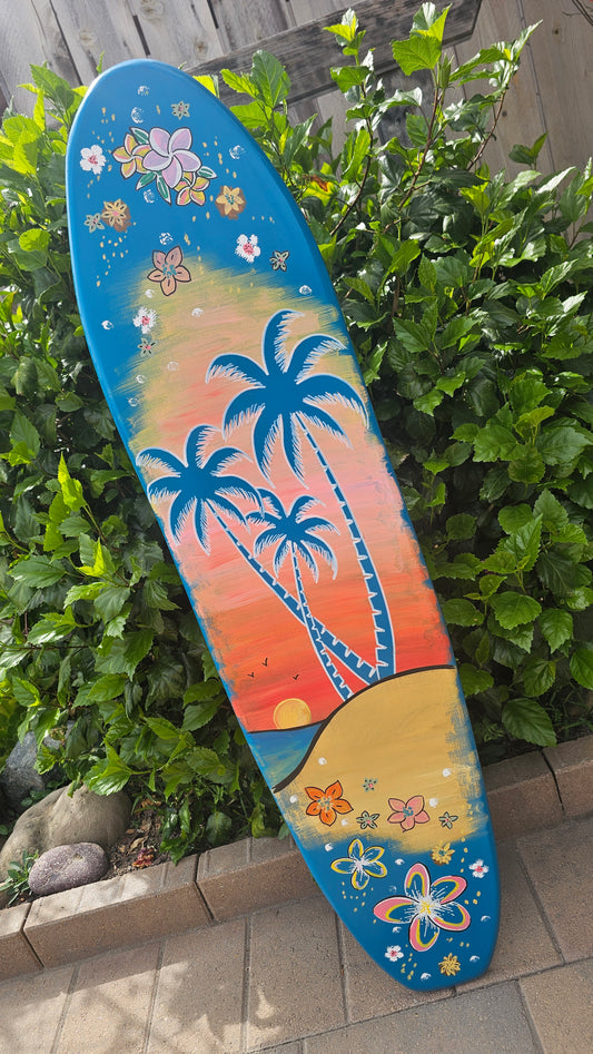 Teal Palm tree Surfboard Wall art | Tropical Beach Sunset