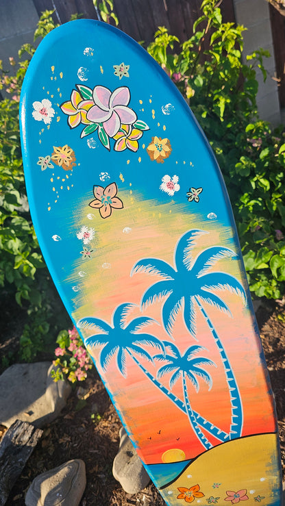 Teal Palm tree Surfboard Wall art | Tropical Beach Sunset
