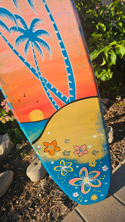 Teal Palm tree Surfboard Wall art | Tropical Beach Sunset