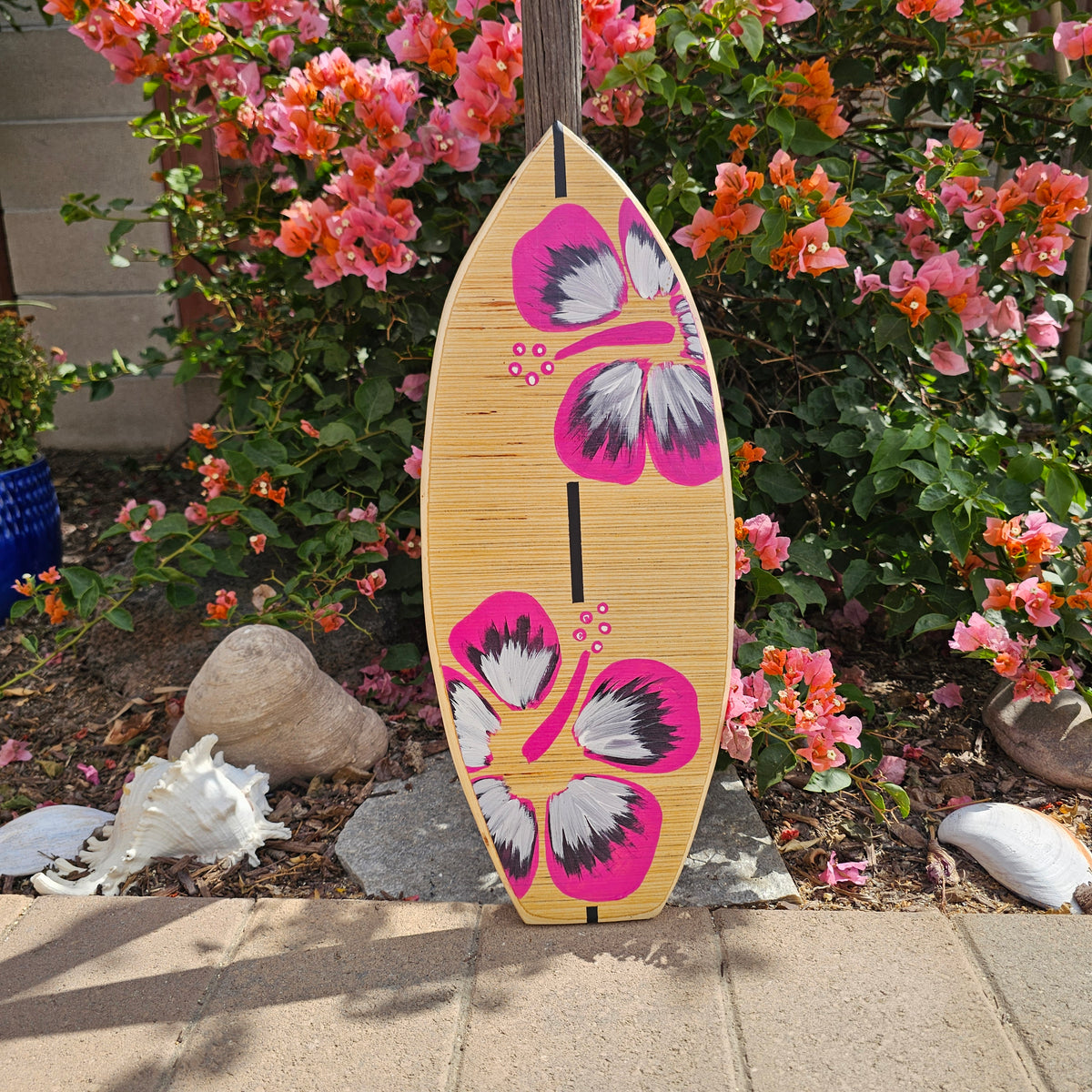 Pink Hibiscus Surfboard wall art | Tropical beach decor