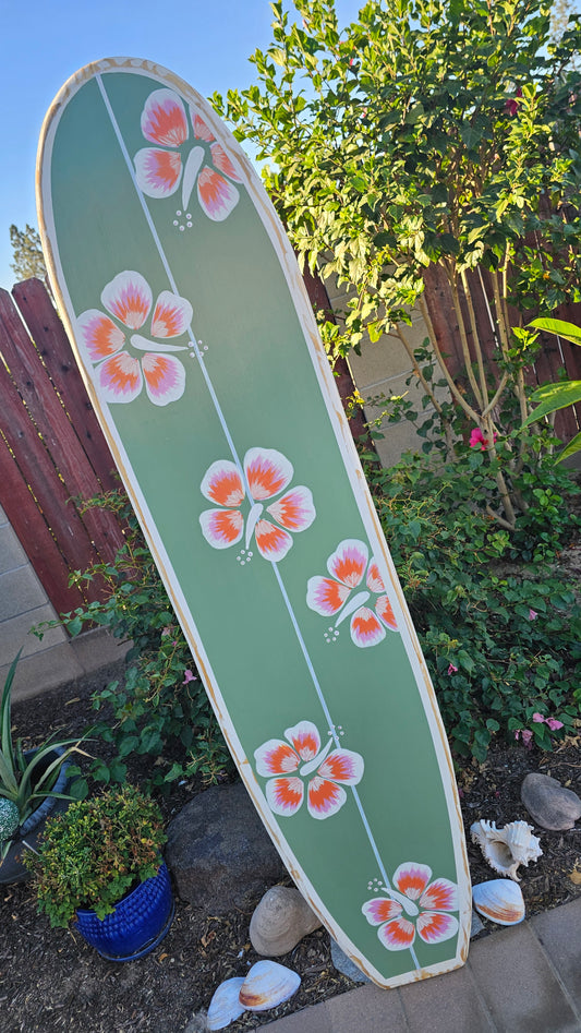 Sage Hibiscus Surfboard Wall Art | Tropical Beach Decor
