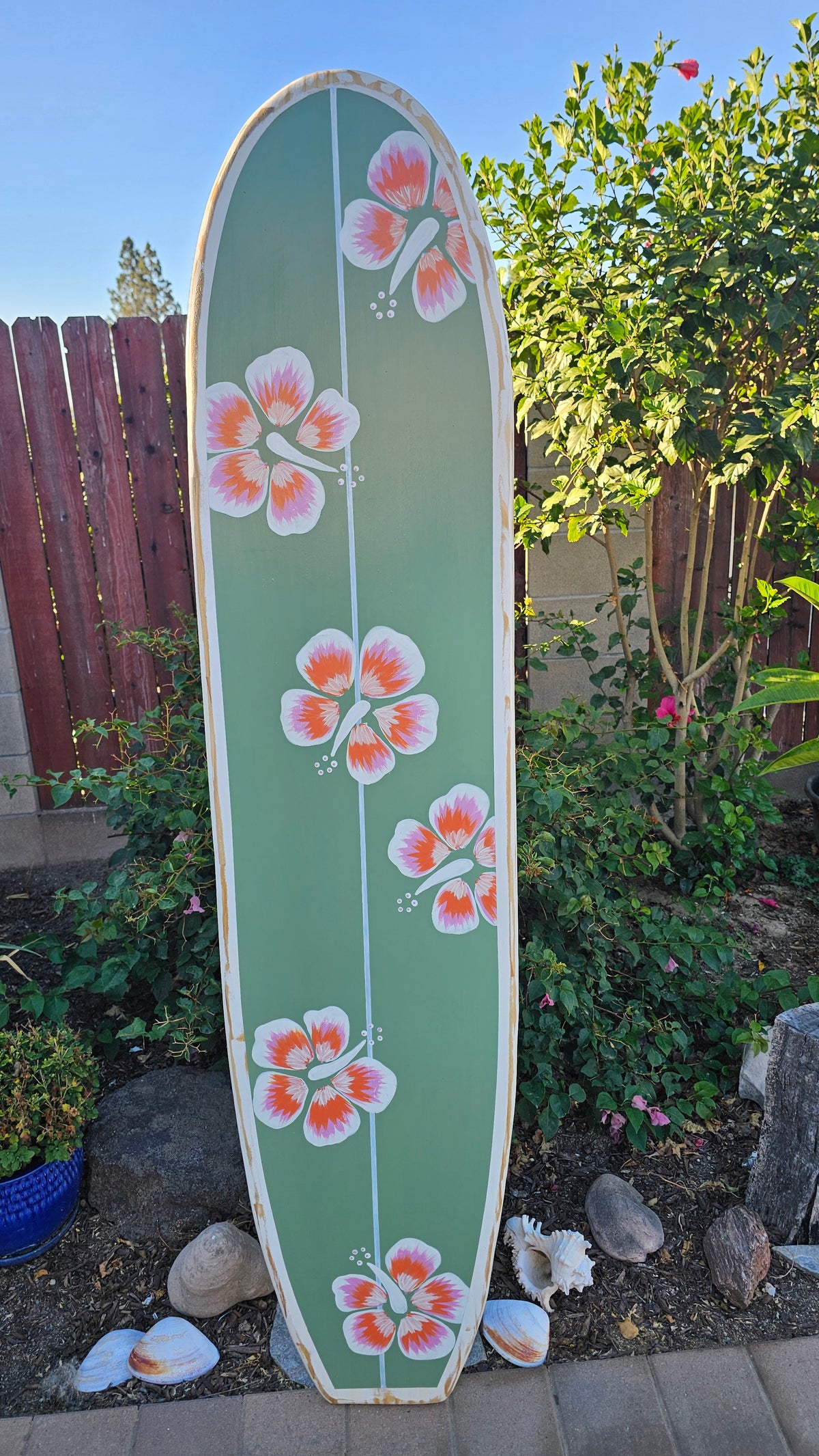 Sage Hibiscus Surfboard Wall Art | Tropical Beach Decor