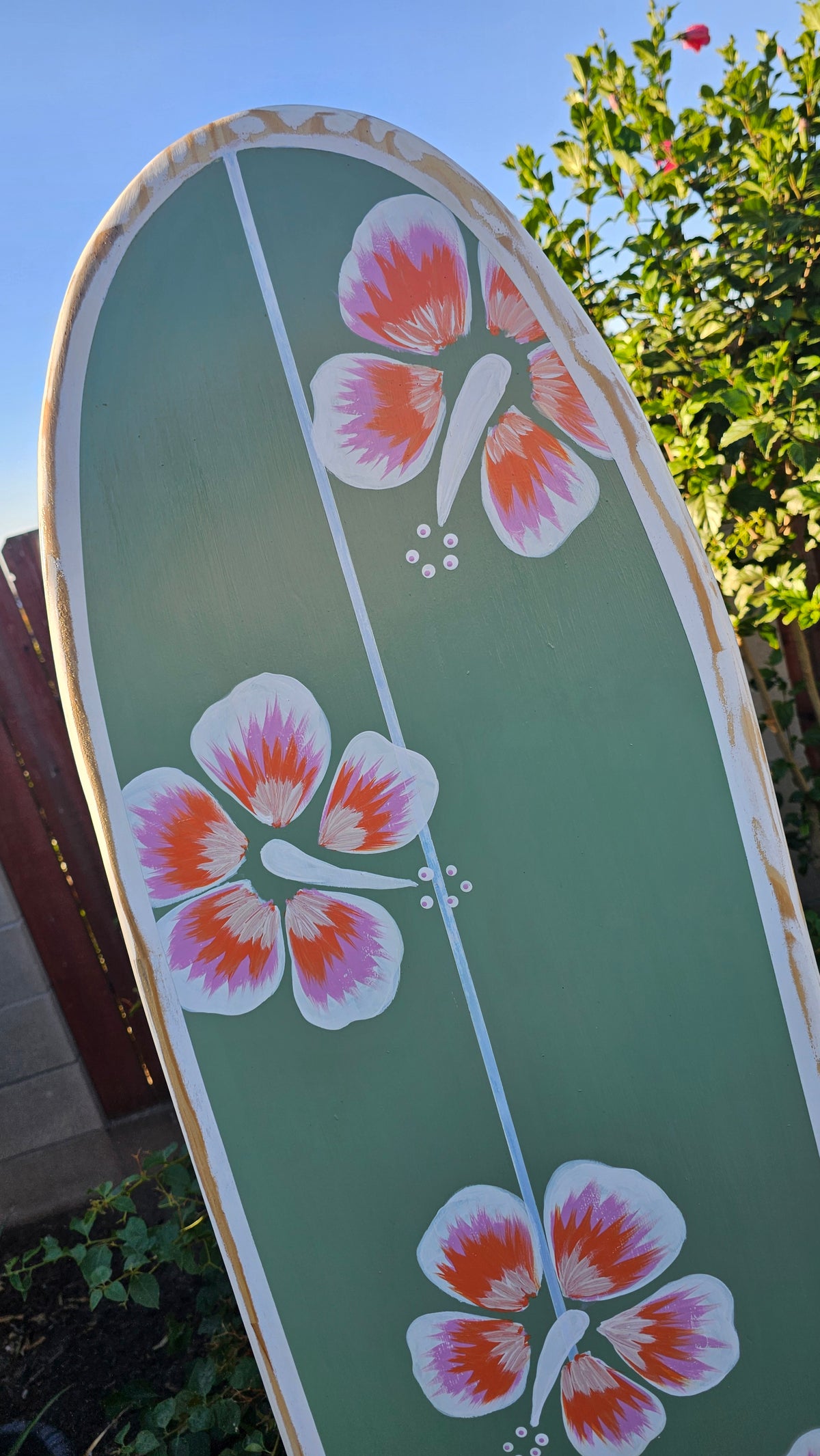 Sage Hibiscus Surfboard Wall Art | Tropical Beach Decor