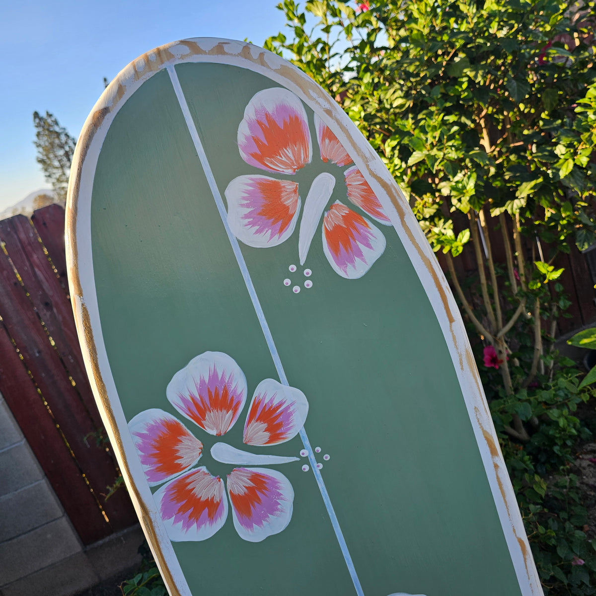 Sage Hibiscus Surfboard Wall Art | Tropical Beach Decor