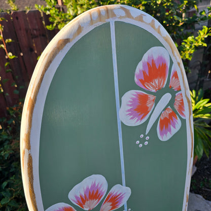 Sage Hibiscus Surfboard Wall Art | Tropical Beach Decor