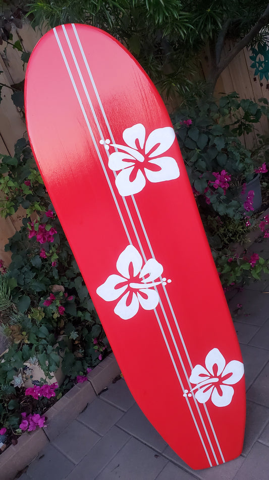 Red Surfboard Wall Art with White Hibiscus flowers  ~ 5C-23