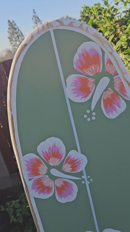 Sage Hibiscus Surfboard Wall Art | Tropical Beach Decor