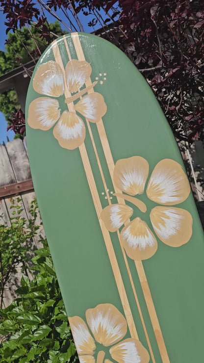 Sage Green Hibiscus Surfboard wall art • Hawaiian beach decor
