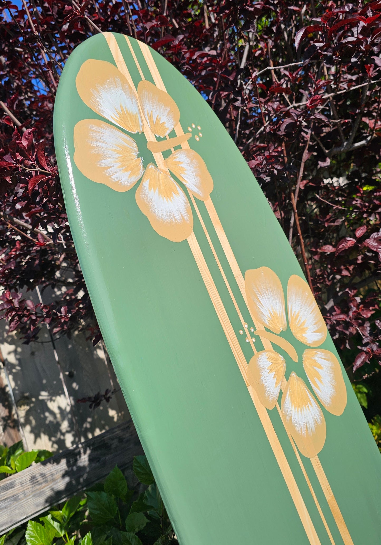 Sage Green Hibiscus Surfboard wall art • Hawaiian beach decor