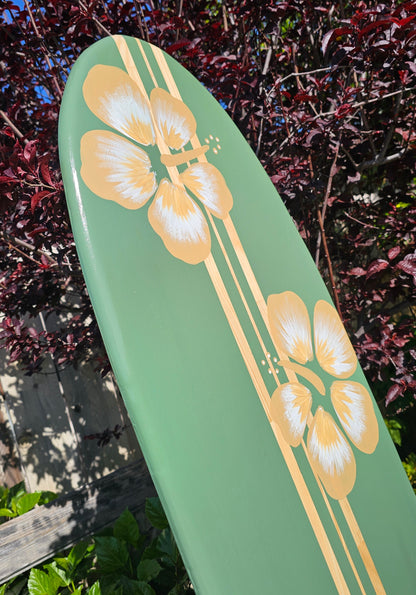 Sage Green Hibiscus Surfboard wall art • Hawaiian beach decor