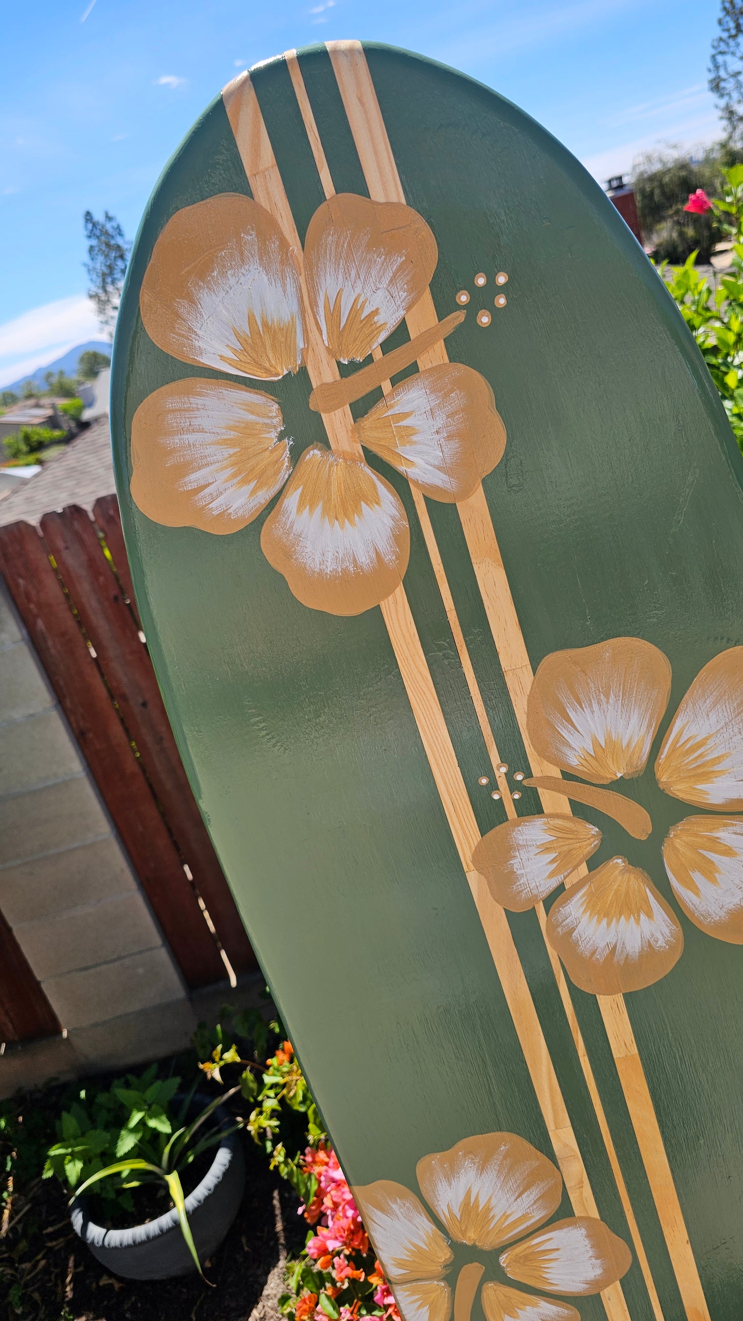 Sage Green Hibiscus Surfboard wall art • Hawaiian beach decor