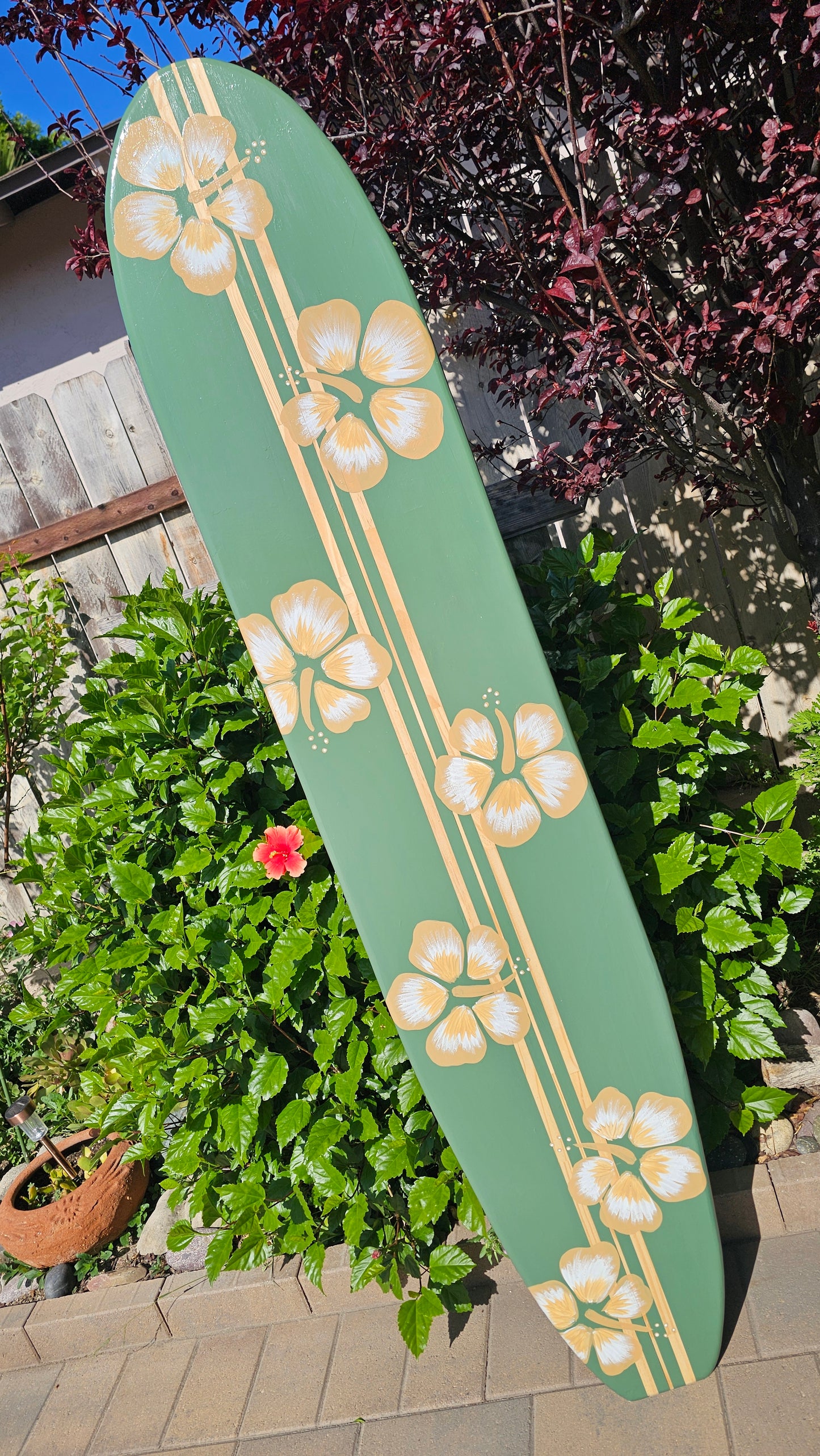 Sage Green Hibiscus Surfboard wall art • Hawaiian beach decor