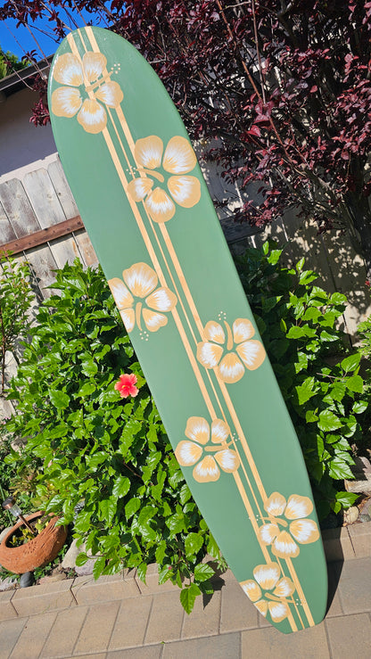 Sage Green Hibiscus Surfboard wall art • Hawaiian beach decor