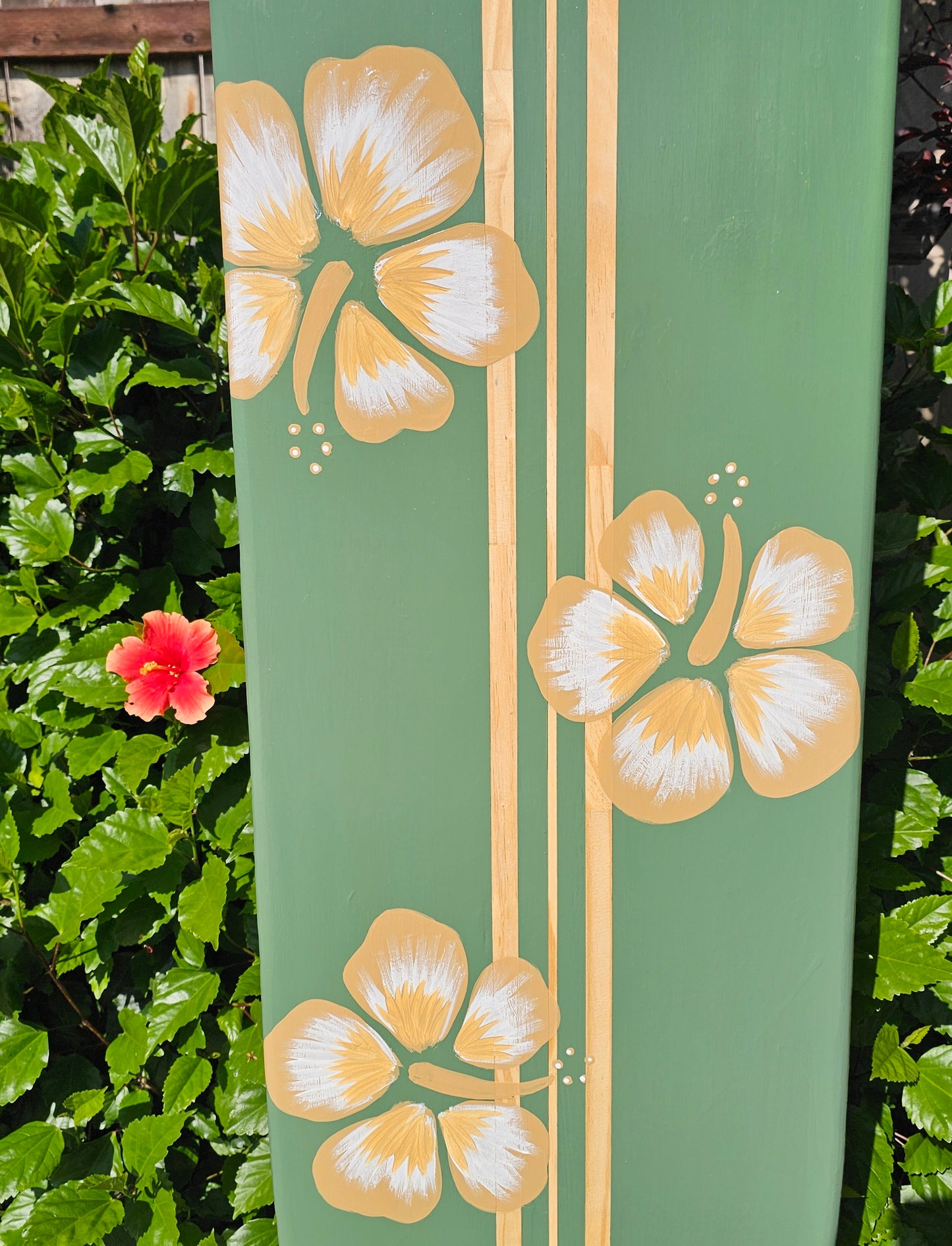 Sage Green Hibiscus Surfboard wall art • Hawaiian beach decor