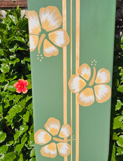 Sage Green Hibiscus Surfboard wall art • Hawaiian beach decor