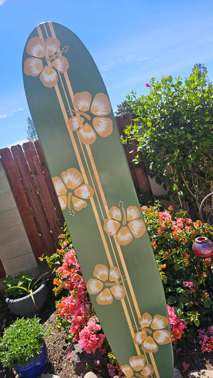 Sage Green Hibiscus Surfboard wall art • Hawaiian beach decor