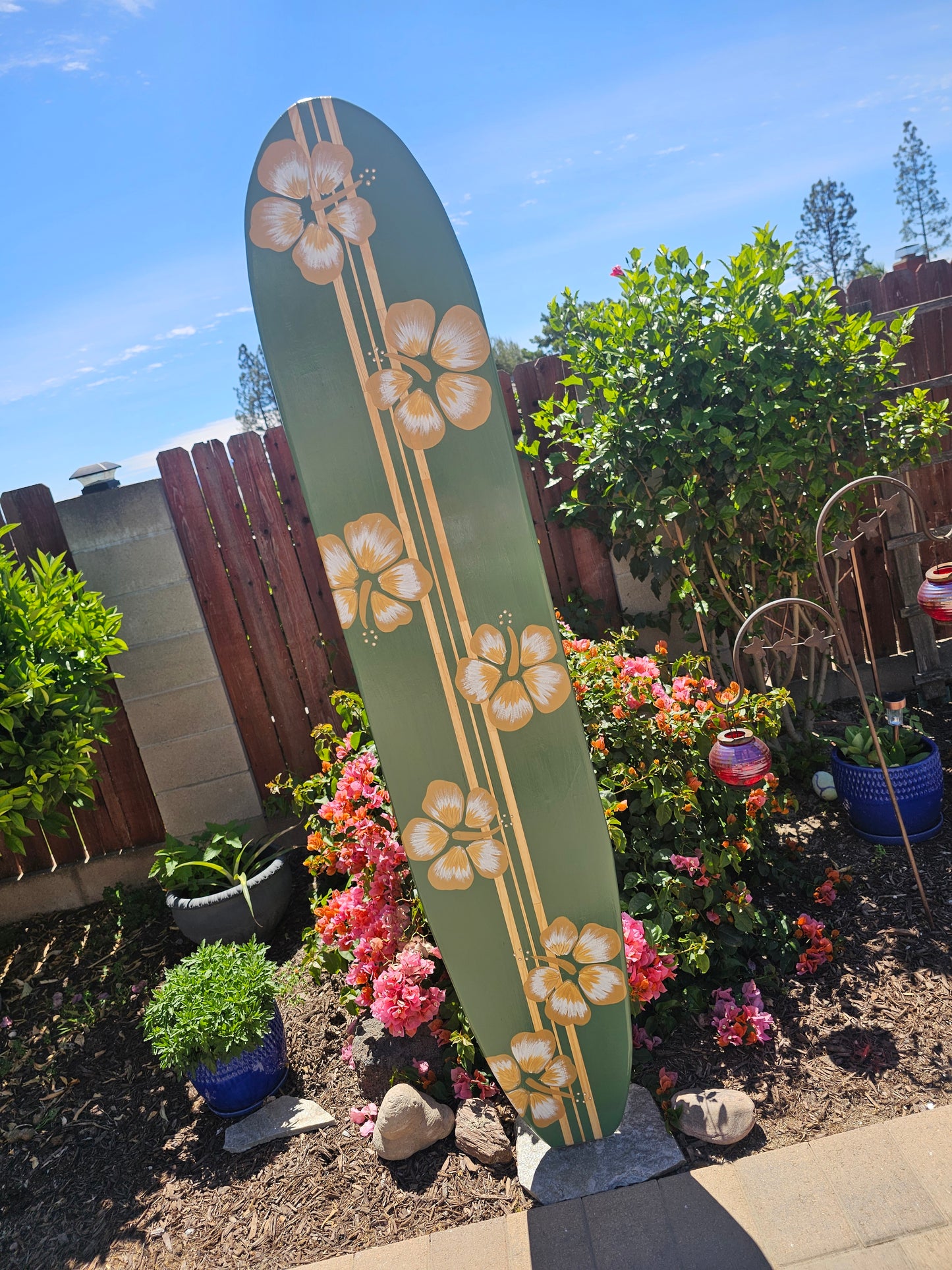 Sage Green Hibiscus Surfboard wall art • Hawaiian beach decor