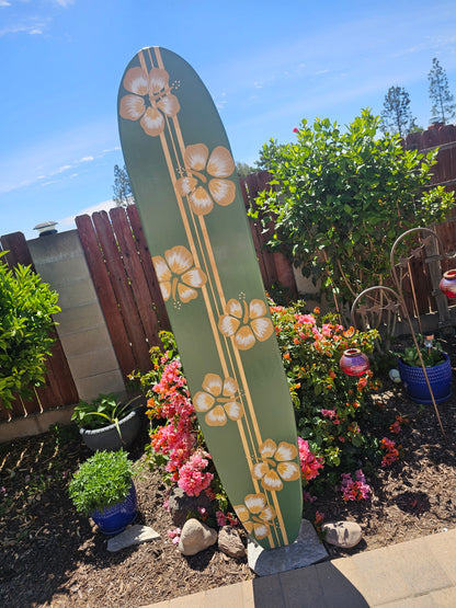 Sage Green Hibiscus Surfboard wall art • Hawaiian beach decor