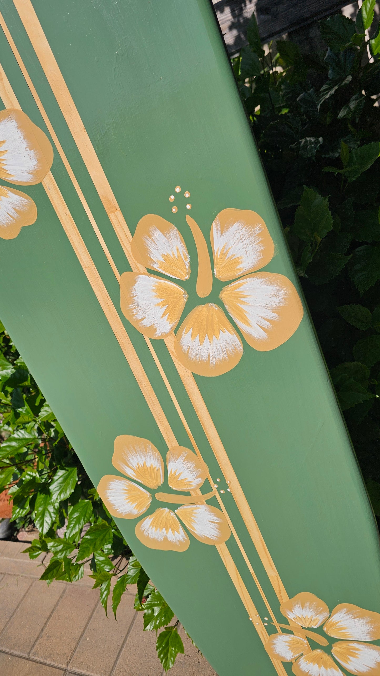 Sage Green Hibiscus Surfboard wall art • Hawaiian beach decor