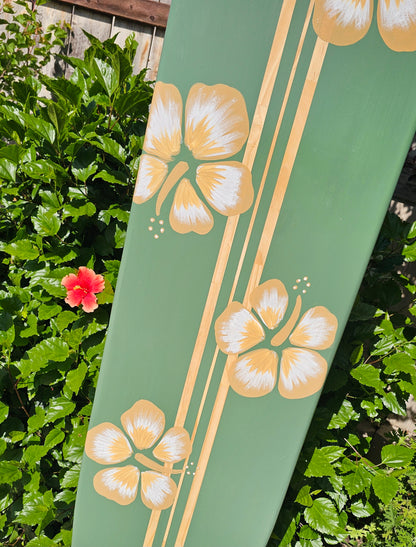 Sage Green Hibiscus Surfboard wall art • Hawaiian beach decor