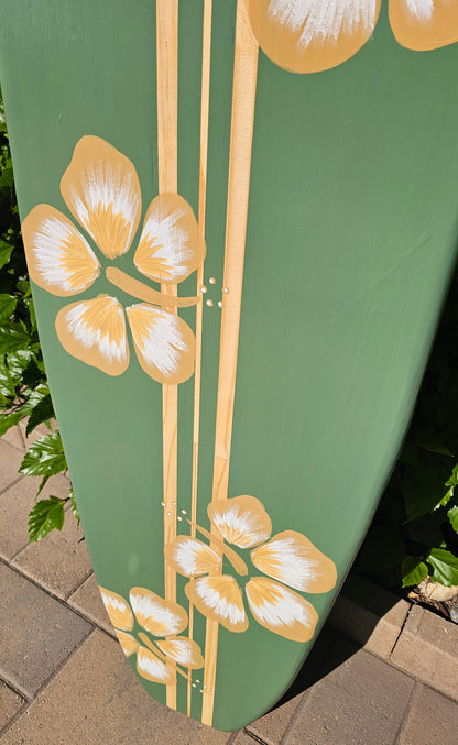 Sage Green Hibiscus Surfboard wall art • Hawaiian beach decor